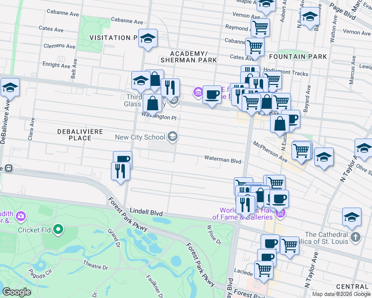 map of restaurants, bars, coffee shops, grocery stores, and more near 456 Lake Avenue in St. Louis