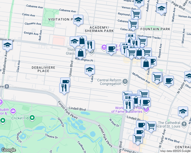 map of restaurants, bars, coffee shops, grocery stores, and more near 456 Lake Avenue in St. Louis