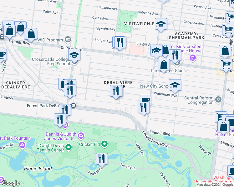 map of restaurants, bars, coffee shops, grocery stores, and more near 5518 Waterman Boulevard in St. Louis