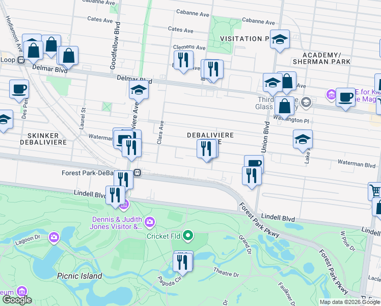 map of restaurants, bars, coffee shops, grocery stores, and more near 5560 Waterman Boulevard in St. Louis