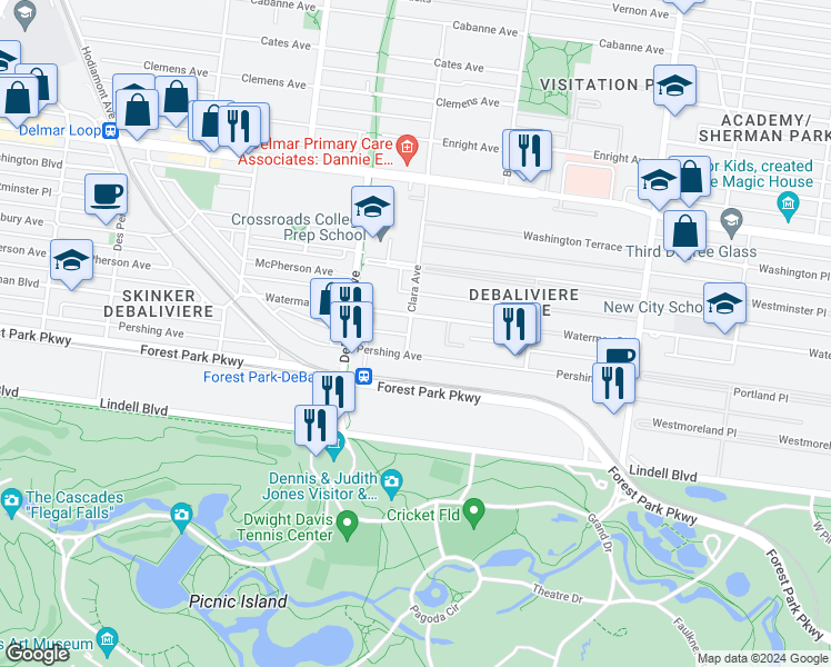 map of restaurants, bars, coffee shops, grocery stores, and more near 5604 Waterman Boulevard in St. Louis