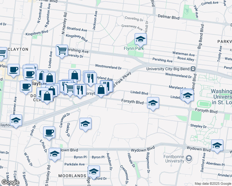 map of restaurants, bars, coffee shops, grocery stores, and more near 7312 Lindell Boulevard in University City