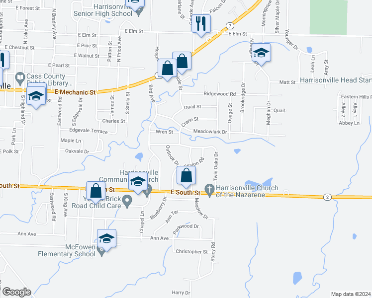 map of restaurants, bars, coffee shops, grocery stores, and more near 2001 Twin Oaks Drive in Harrisonville