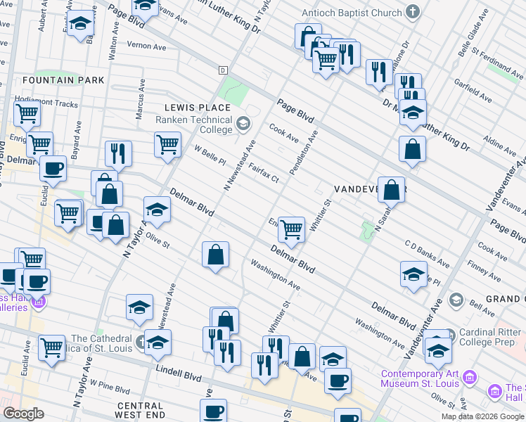 map of restaurants, bars, coffee shops, grocery stores, and more near 4309 Enright Avenue in St. Louis