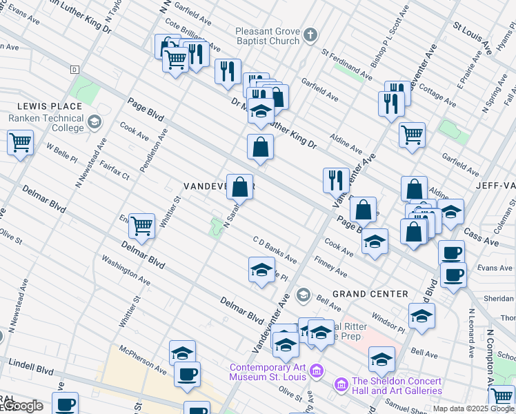 map of restaurants, bars, coffee shops, grocery stores, and more near 4040 Cook Avenue in St. Louis