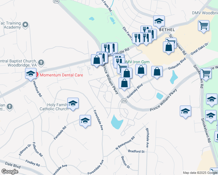 map of restaurants, bars, coffee shops, grocery stores, and more near 14009 Freda Place in Woodbridge