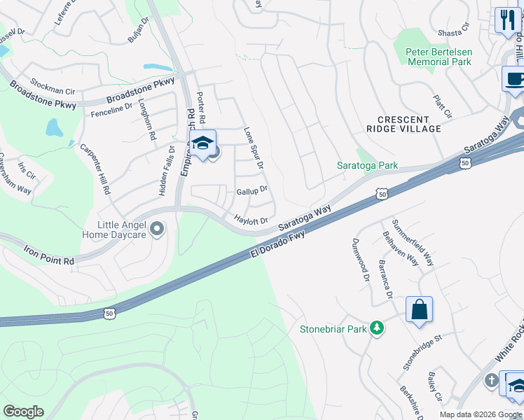 map of restaurants, bars, coffee shops, grocery stores, and more near 2259 Lariat Lane in Folsom