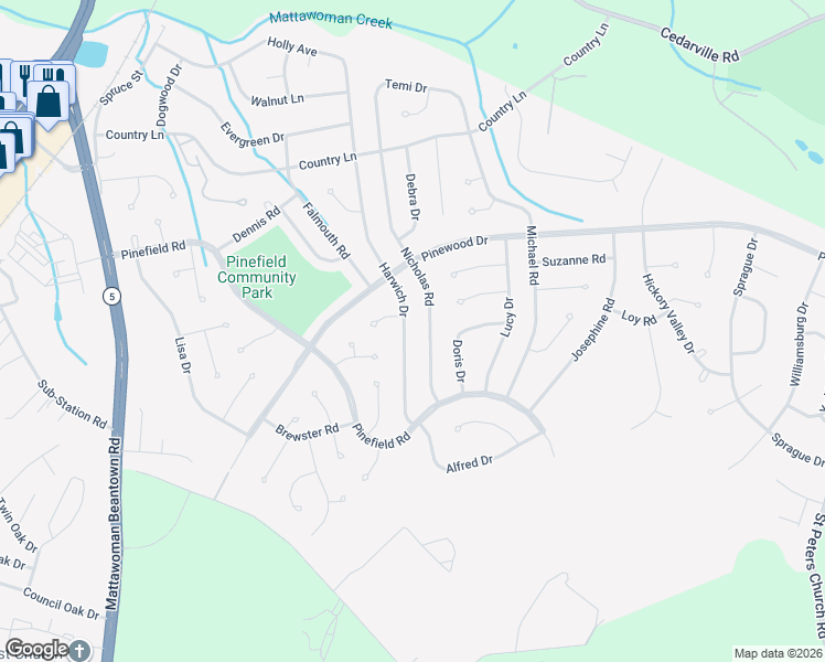 map of restaurants, bars, coffee shops, grocery stores, and more near 4615 Harwich Drive in Waldorf