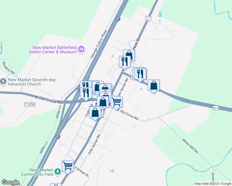 map of restaurants, bars, coffee shops, grocery stores, and more near 9330 North Congress Street in New Market