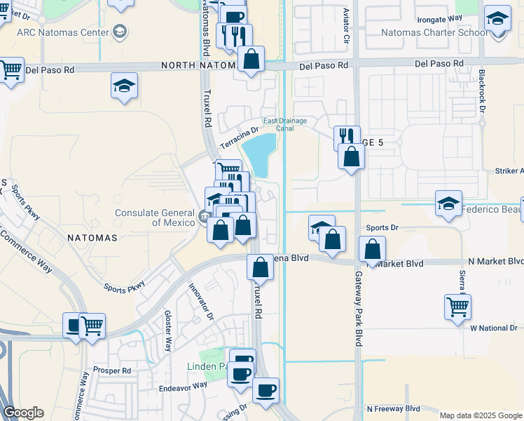 map of restaurants, bars, coffee shops, grocery stores, and more near 4400 Truxel Road in Sacramento