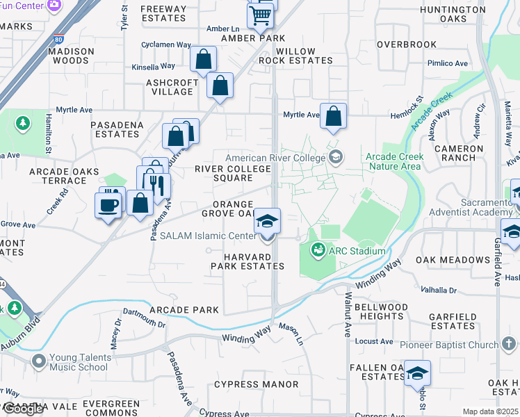 map of restaurants, bars, coffee shops, grocery stores, and more near 4823 Graduate Lane in Sacramento