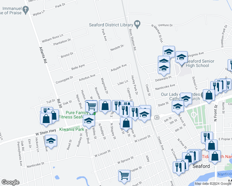 map of restaurants, bars, coffee shops, grocery stores, and more near 730 East Ivy Drive in Seaford