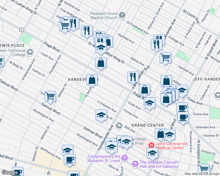 map of restaurants, bars, coffee shops, grocery stores, and more near 4005 Cook Avenue in St. Louis
