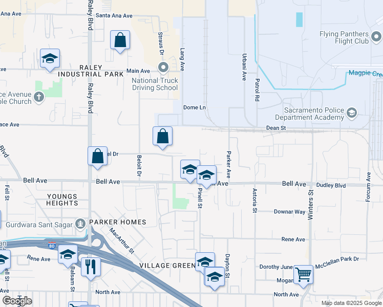 map of restaurants, bars, coffee shops, grocery stores, and more near 1951 Bell Avenue in Sacramento