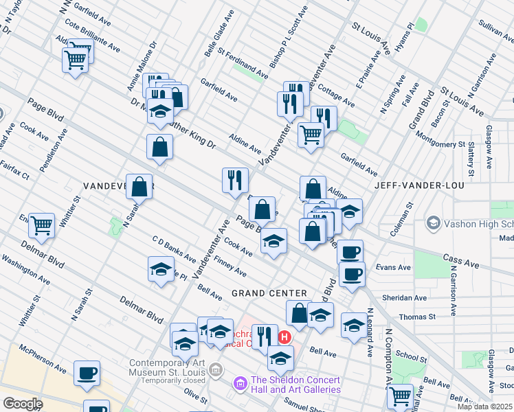 map of restaurants, bars, coffee shops, grocery stores, and more near 3852 Evans Avenue in St. Louis