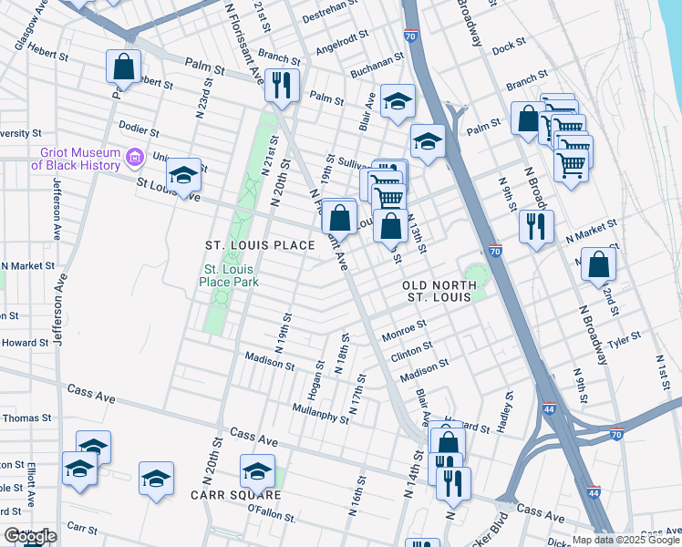 map of restaurants, bars, coffee shops, grocery stores, and more near 1503 Warren Street in St. Louis