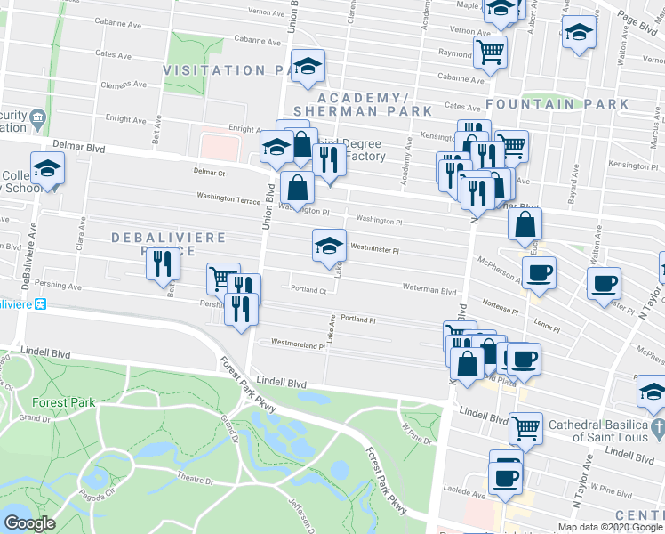 map of restaurants, bars, coffee shops, grocery stores, and more near 5209 Waterman Boulevard in St. Louis