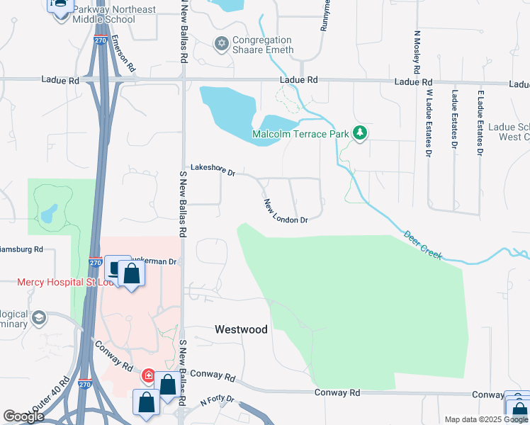 map of restaurants, bars, coffee shops, grocery stores, and more near 11572 New London Drive in Creve Coeur
