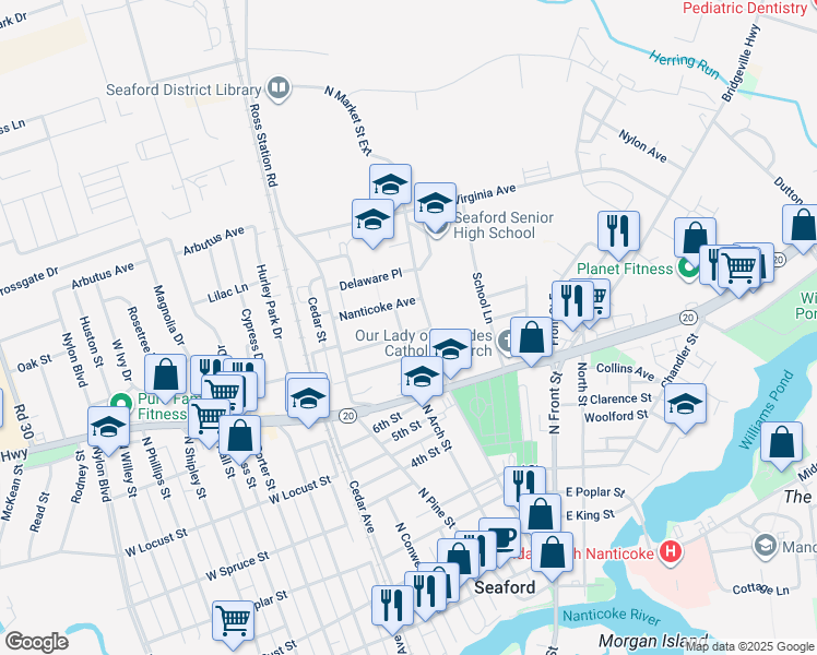 map of restaurants, bars, coffee shops, grocery stores, and more near 400 Washington Street in Seaford