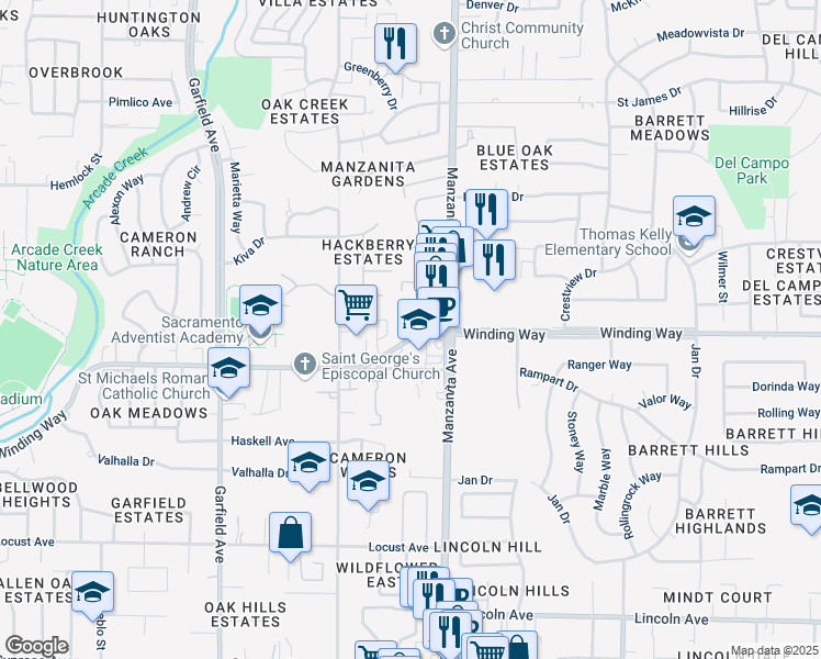 map of restaurants, bars, coffee shops, grocery stores, and more near 5801 Winding Way in Carmichael