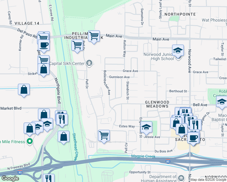 map of restaurants, bars, coffee shops, grocery stores, and more near 4493 Breckenridge Way in Sacramento