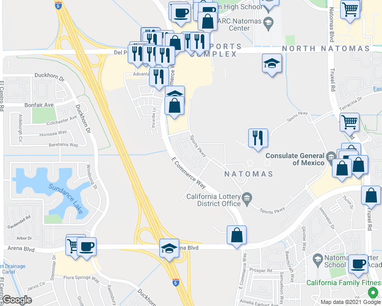 map of restaurants, bars, coffee shops, grocery stores, and more near 4200 East Commerce Way in Sacramento