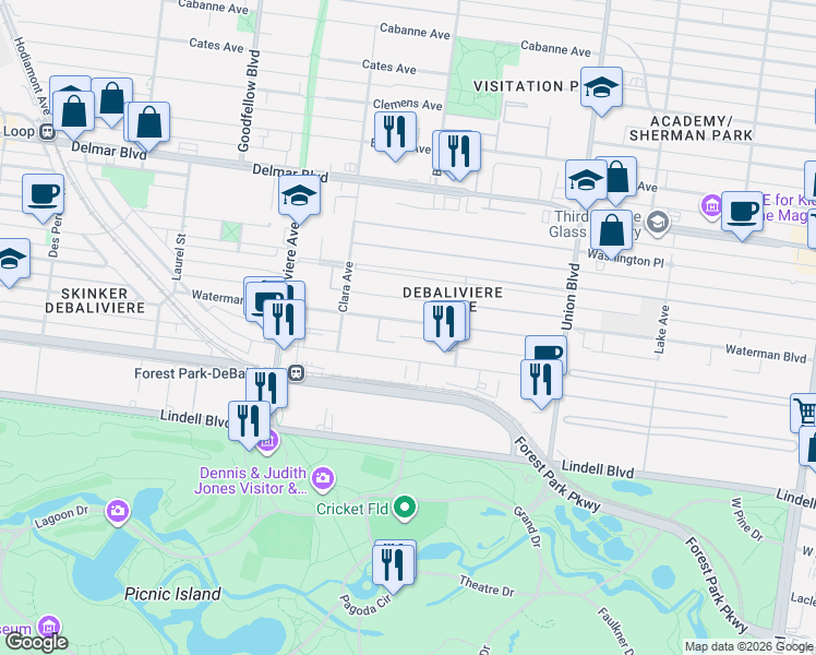 map of restaurants, bars, coffee shops, grocery stores, and more near 5560 Waterman Boulevard in St. Louis