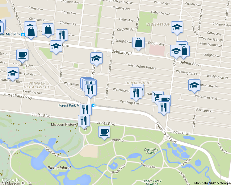map of restaurants, bars, coffee shops, grocery stores, and more near 5604 Waterman Boulevard in St. Louis