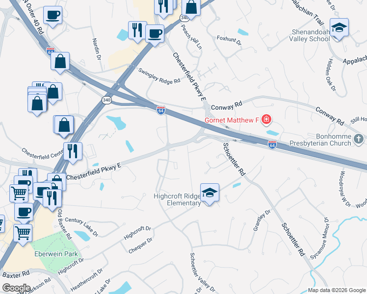 map of restaurants, bars, coffee shops, grocery stores, and more near 1689 Heffington Drive in Chesterfield