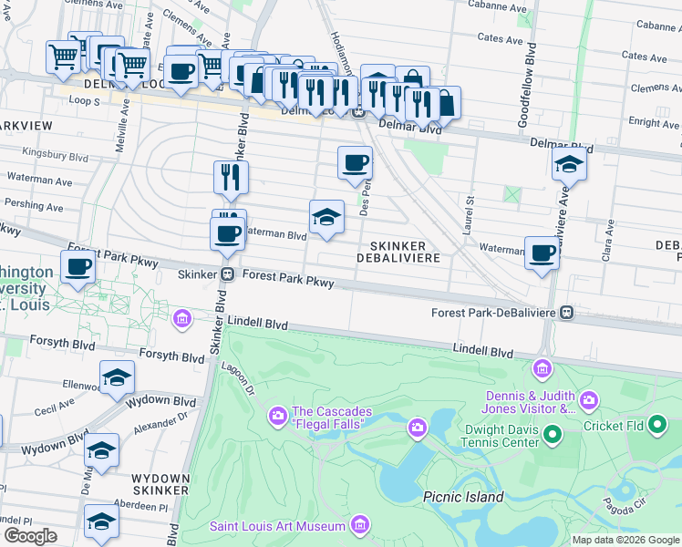 map of restaurants, bars, coffee shops, grocery stores, and more near 6014 Pershing Avenue in St. Louis
