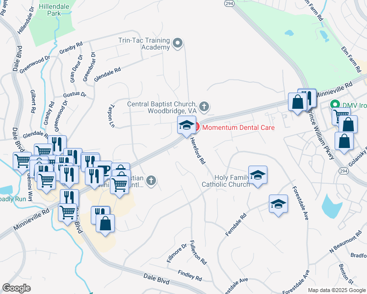 map of restaurants, bars, coffee shops, grocery stores, and more near 14001 Minnieville Road in Woodbridge