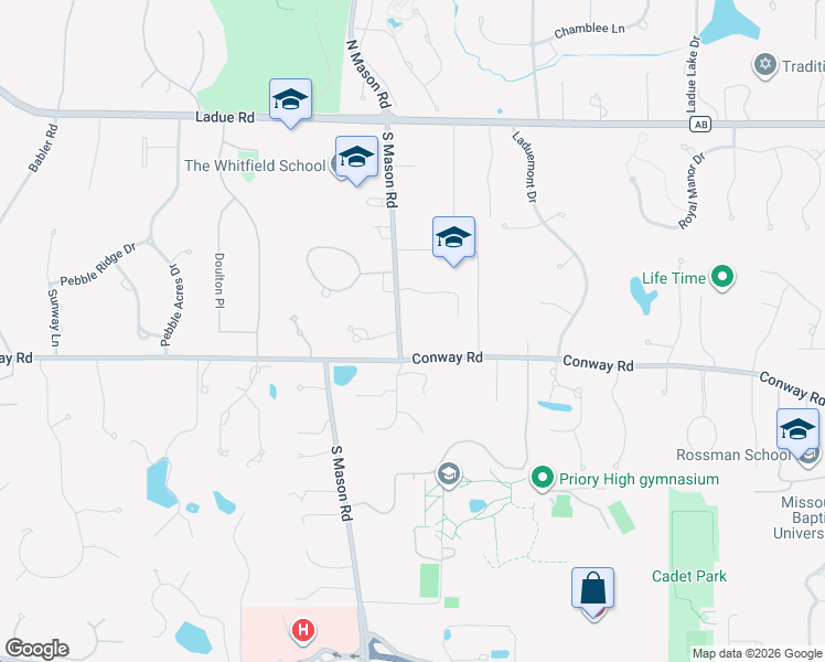 map of restaurants, bars, coffee shops, grocery stores, and more near 12947 Conway Road in St. Louis
