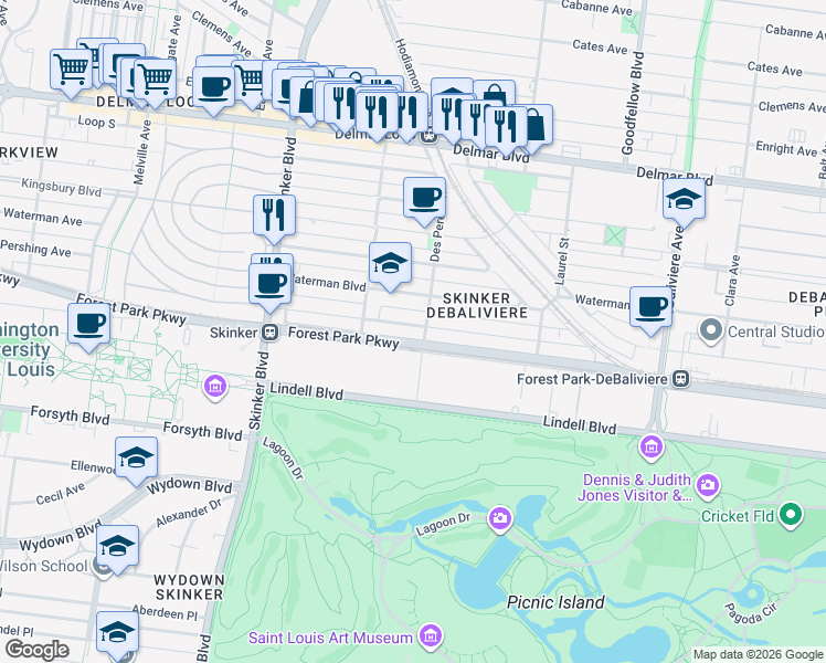 map of restaurants, bars, coffee shops, grocery stores, and more near 6010 Pershing Avenue in St. Louis