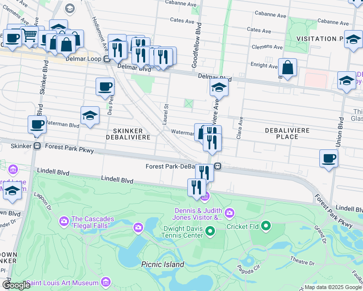 map of restaurants, bars, coffee shops, grocery stores, and more near 5760 De Giverville Avenue in St. Louis