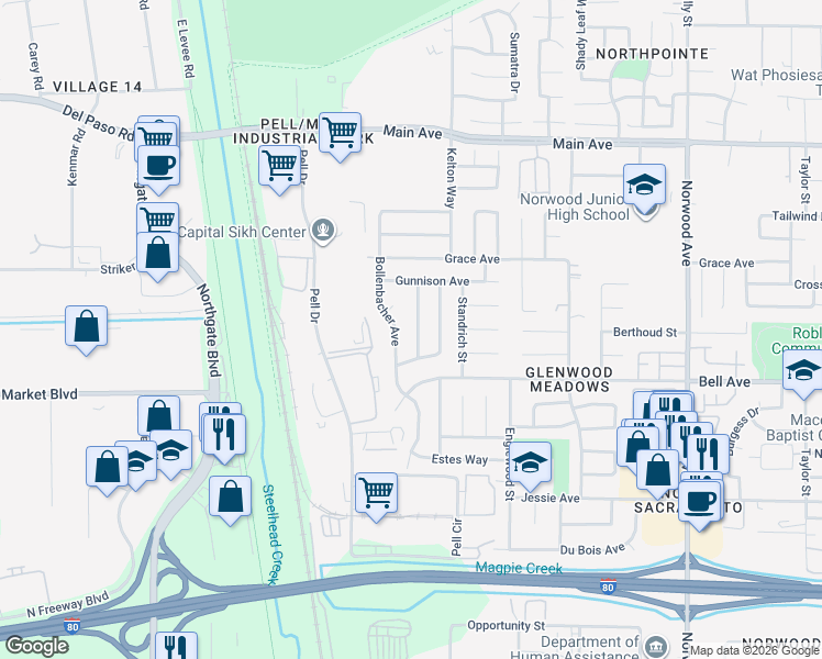 map of restaurants, bars, coffee shops, grocery stores, and more near 4493 Breckenridge Way in Sacramento