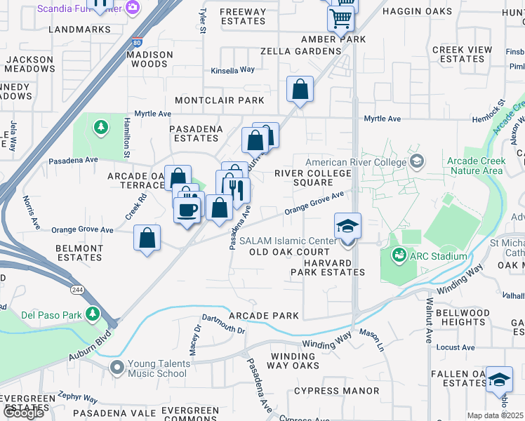map of restaurants, bars, coffee shops, grocery stores, and more near 4661 Orange Grove Avenue in Sacramento