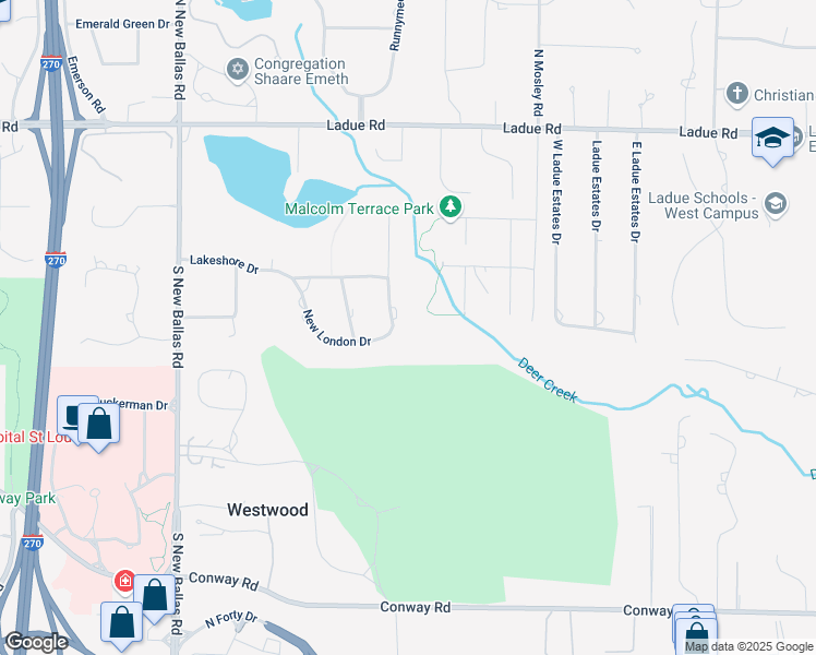 map of restaurants, bars, coffee shops, grocery stores, and more near 11502 New London Drive in Creve Coeur