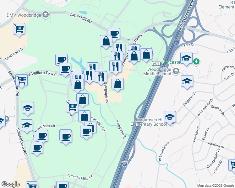 map of restaurants, bars, coffee shops, grocery stores, and more near 13901 Telegraph Road in Woodbridge