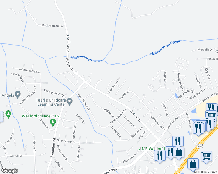 map of restaurants, bars, coffee shops, grocery stores, and more near 11620 Myrtle Oak Court in Waldorf