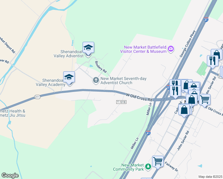 map of restaurants, bars, coffee shops, grocery stores, and more near 442 West Old Cross Road in New Market