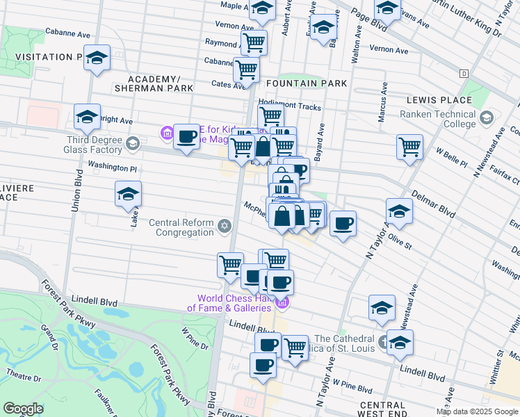 map of restaurants, bars, coffee shops, grocery stores, and more near 4946 McPherson Avenue in St. Louis