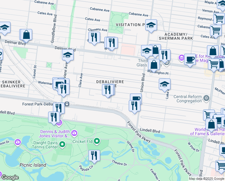 map of restaurants, bars, coffee shops, grocery stores, and more near 88 Waterman Place in St. Louis