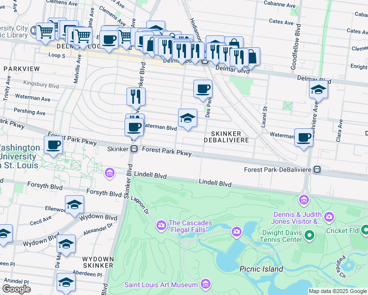 map of restaurants, bars, coffee shops, grocery stores, and more near 6026 Pershing Avenue in St. Louis