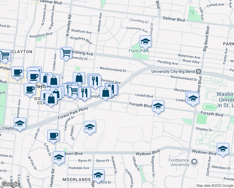 map of restaurants, bars, coffee shops, grocery stores, and more near 7351 Lindell Boulevard in University City