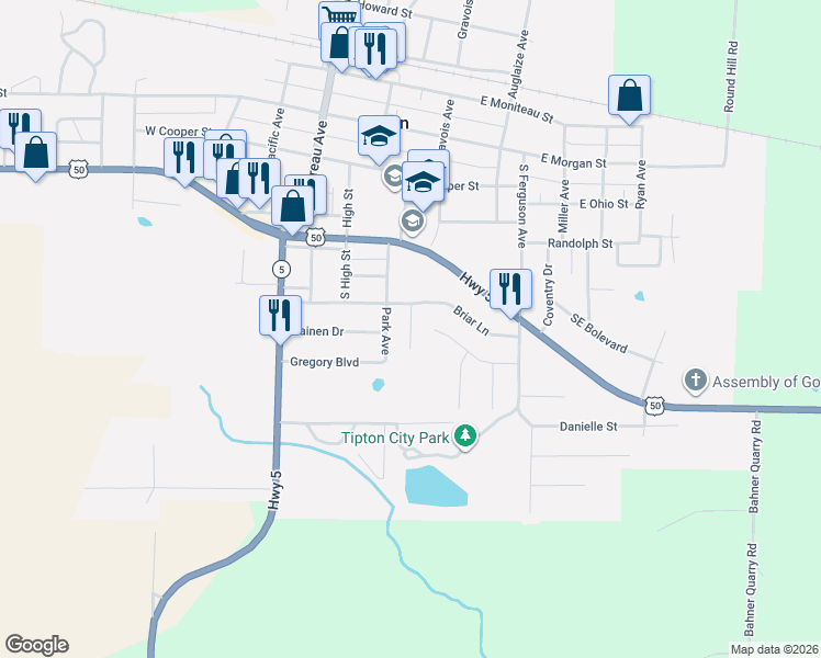 map of restaurants, bars, coffee shops, grocery stores, and more near Schroeder Drive in Tipton