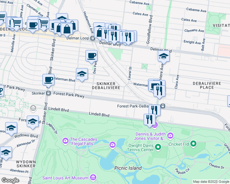 map of restaurants, bars, coffee shops, grocery stores, and more near 5820 Pershing Avenue in St. Louis