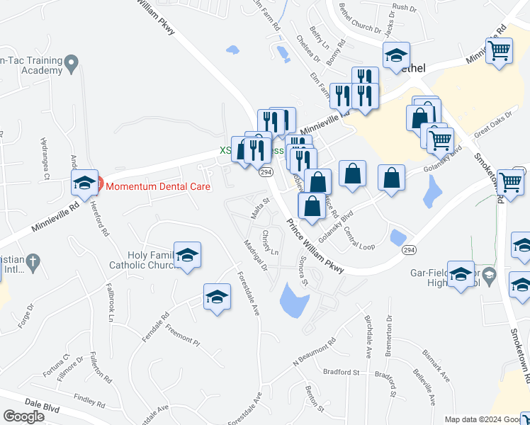 map of restaurants, bars, coffee shops, grocery stores, and more near 3553 Moon Way in Woodbridge