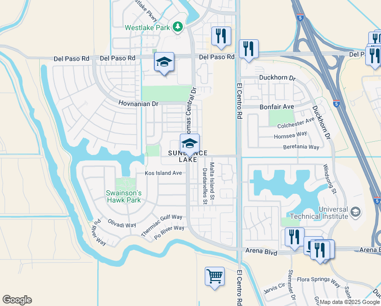 map of restaurants, bars, coffee shops, grocery stores, and more near 3685 Manera Rica Drive in Sacramento