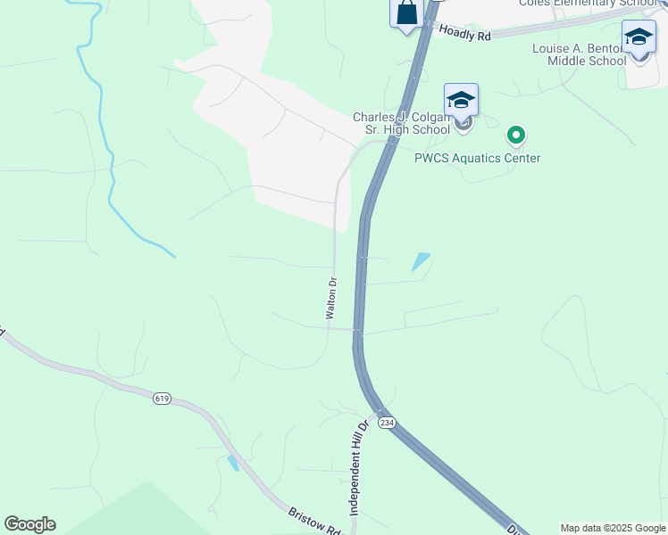 map of restaurants, bars, coffee shops, grocery stores, and more near Walton Drive in Manassas