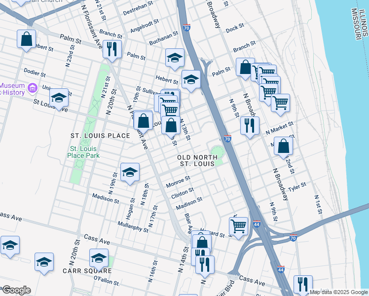 map of restaurants, bars, coffee shops, grocery stores, and more near 1324 Benton Street in St. Louis